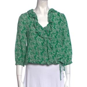 Rixo Green Floral Silk Wrap Blouse